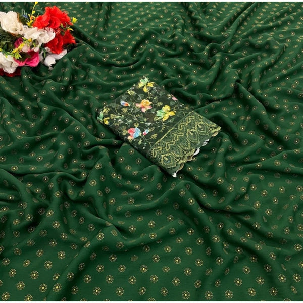 Women's Printed Brasso Saree With Unstitched Blouse (Green, 5-6 Mtrs)