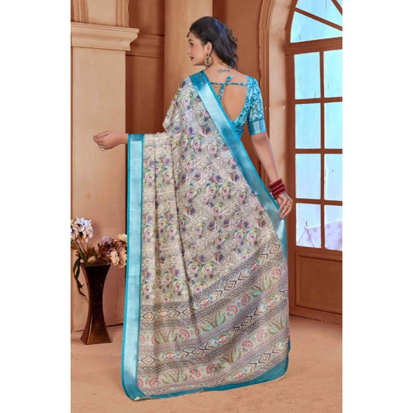 Women's Printed Cotton Linen Saree withPrinted  Saree With Unstitched Blouse (Rust  , 5-6Mtrs)