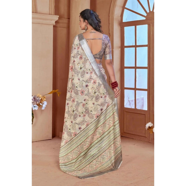 Women's Printed Cotton Linen Saree withPrinted  Saree With Unstitched Blouse (Beige, 5-6Mtrs)