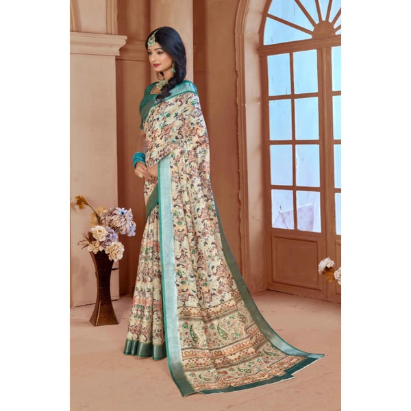 Women's Printed Cotton Linen Saree withPrinted  Saree With Unstitched Blouse (Green, 5-6Mtrs)