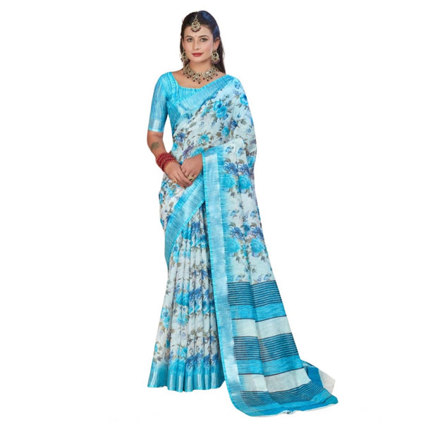 Blue Printed Cotton Linen Saree with Blouse (5-6 Metres)