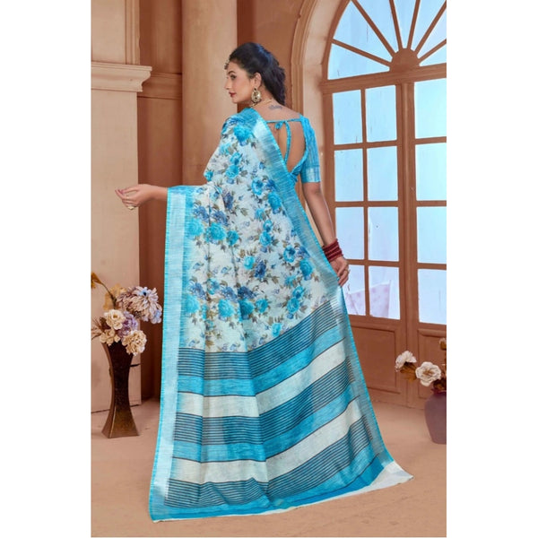 Blue Printed Cotton Linen Saree with Blouse (5-6 Metres)