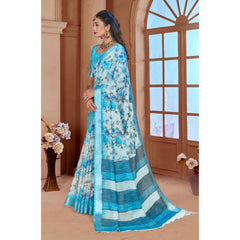Blue Printed Cotton Linen Saree with Blouse (5-6 Metres)