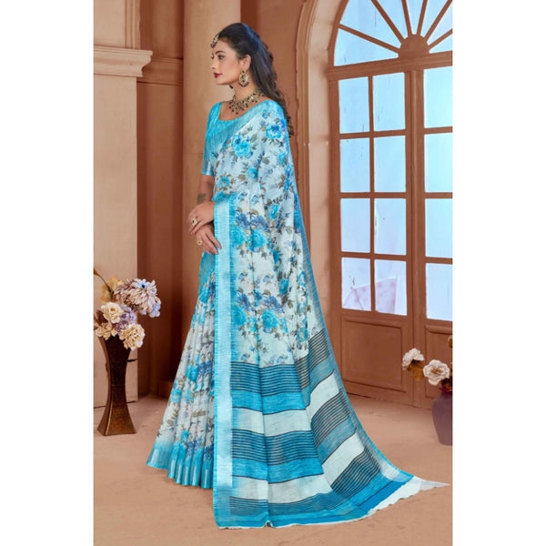 Blue Printed Cotton Linen Saree with Blouse (5-6 Metres)