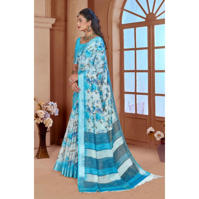 Blue Printed Cotton Linen Saree with Blouse (5-6 Metres)