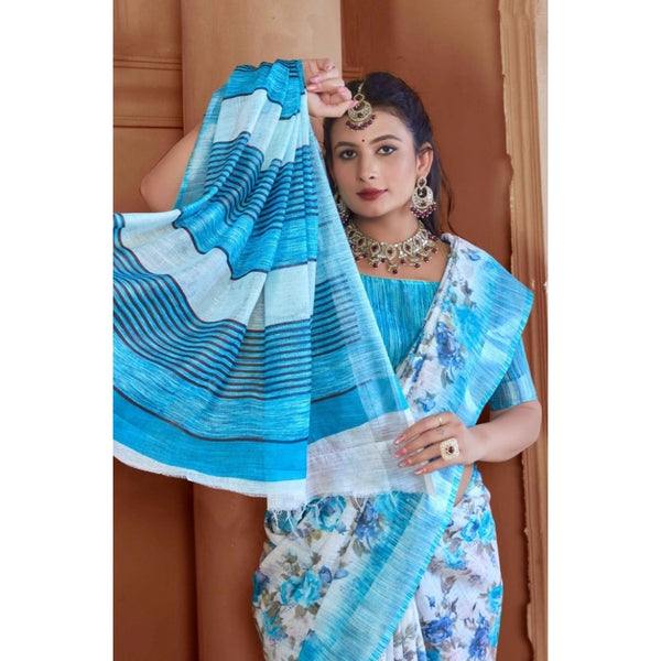 Blue Printed Cotton Linen Saree with Blouse (5-6 Metres)