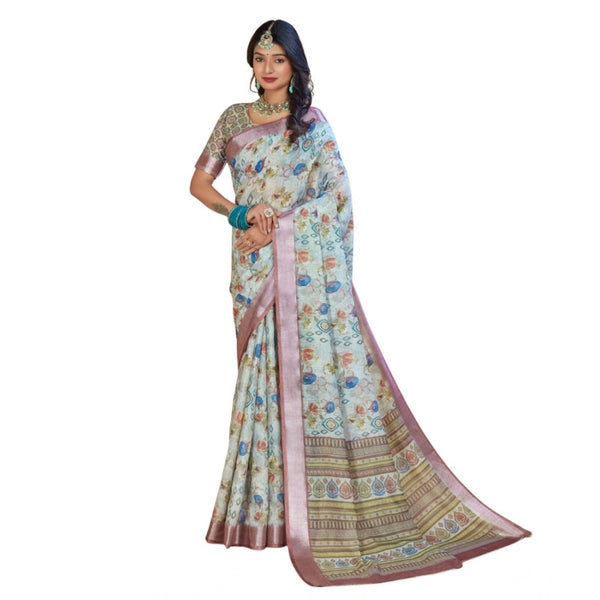 Rust Printed Cotton Linen Saree with Blouse (5-6 Metres)