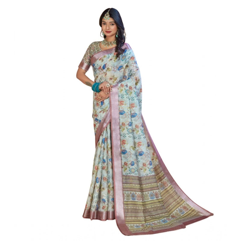Rust Printed Cotton Linen Saree with Blouse (5-6 Metres)