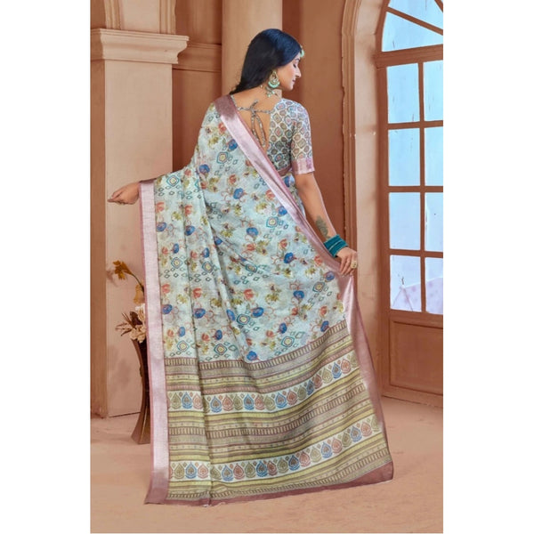 Rust Printed Cotton Linen Saree with Blouse (5-6 Metres)