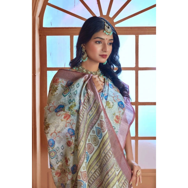 Rust Printed Cotton Linen Saree with Blouse (5-6 Metres)