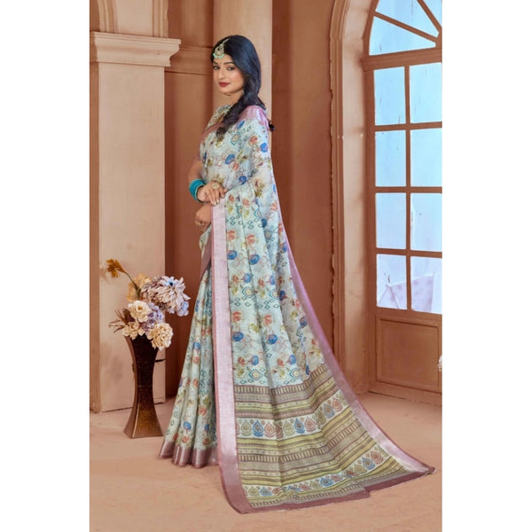 Rust Printed Cotton Linen Saree with Blouse (5-6 Metres)