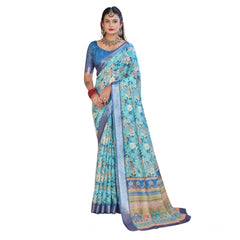 Light Blue Printed Cotton Linen Saree with Blouse (5-6 Metres)