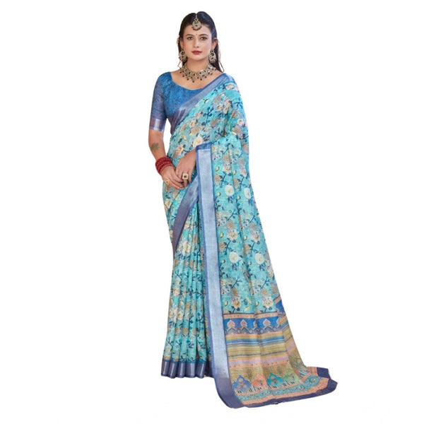 Light Blue Printed Cotton Linen Saree with Blouse (5-6 Metres)