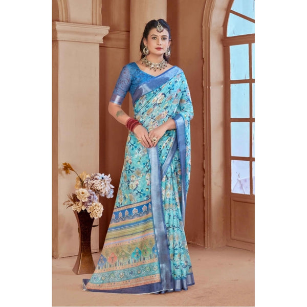 Light Blue Printed Cotton Linen Saree with Blouse (5-6 Metres)