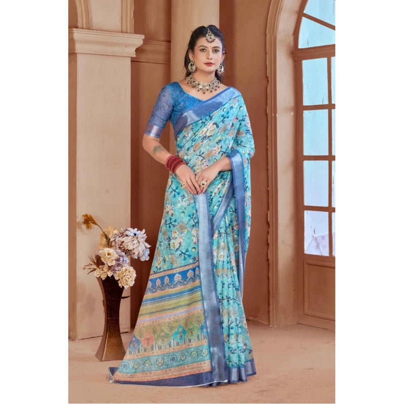 Light Blue Printed Cotton Linen Saree with Blouse (5-6 Metres)