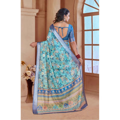 Light Blue Printed Cotton Linen Saree with Blouse (5-6 Metres)