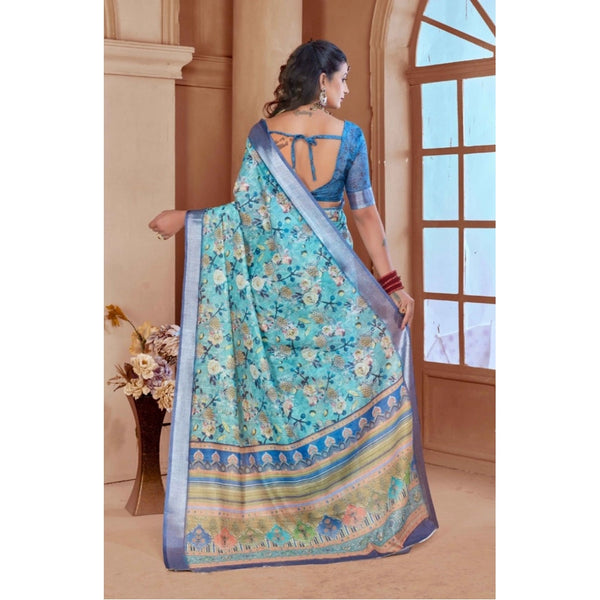 Light Blue Printed Cotton Linen Saree with Blouse (5-6 Metres)