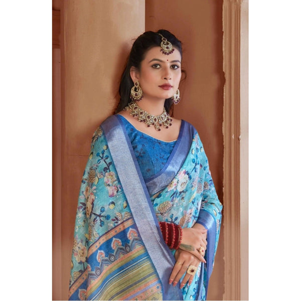 Light Blue Printed Cotton Linen Saree with Blouse (5-6 Metres)