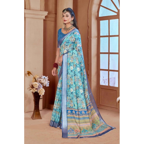 Light Blue Printed Cotton Linen Saree with Blouse (5-6 Metres)