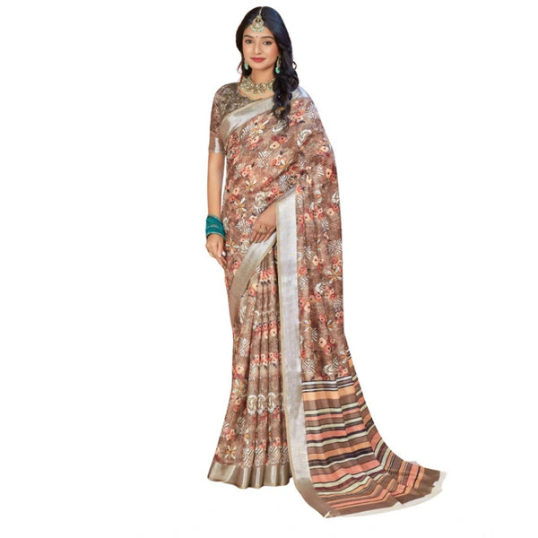Brown Printed Cotton Linen Saree with Blouse (5-6 Metres)