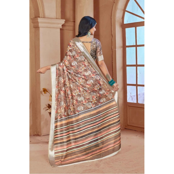 Brown Printed Cotton Linen Saree with Blouse (5-6 Metres)