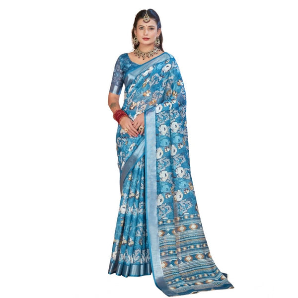 Blue Printed Cotton Linen Saree with Blouse (5-6 Metres)