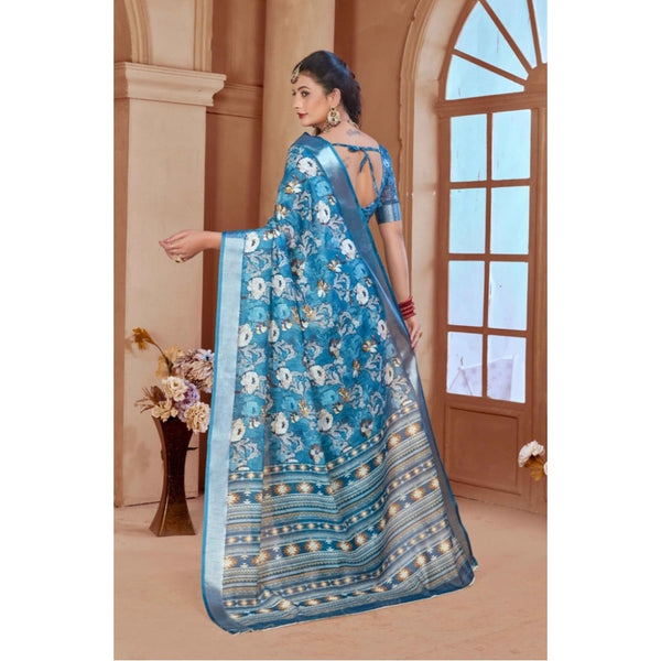 Blue Printed Cotton Linen Saree with Blouse (5-6 Metres)