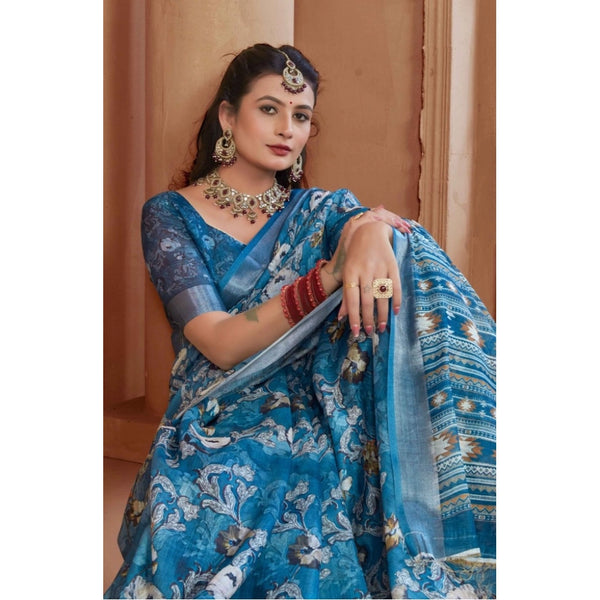 Blue Printed Cotton Linen Saree with Blouse (5-6 Metres)