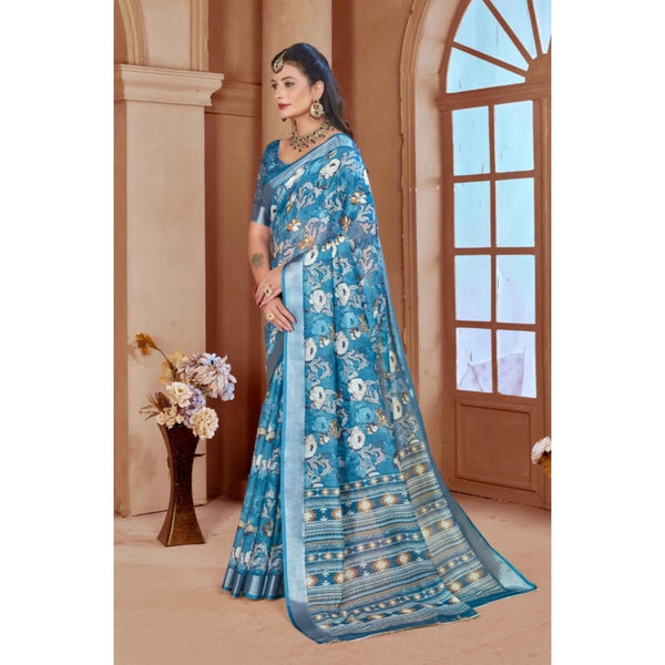 Blue Printed Cotton Linen Saree with Blouse (5-6 Metres)