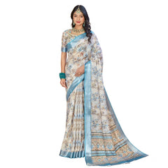 Beige Printed Cotton Linen Saree with Blouse (5-6 Metres)