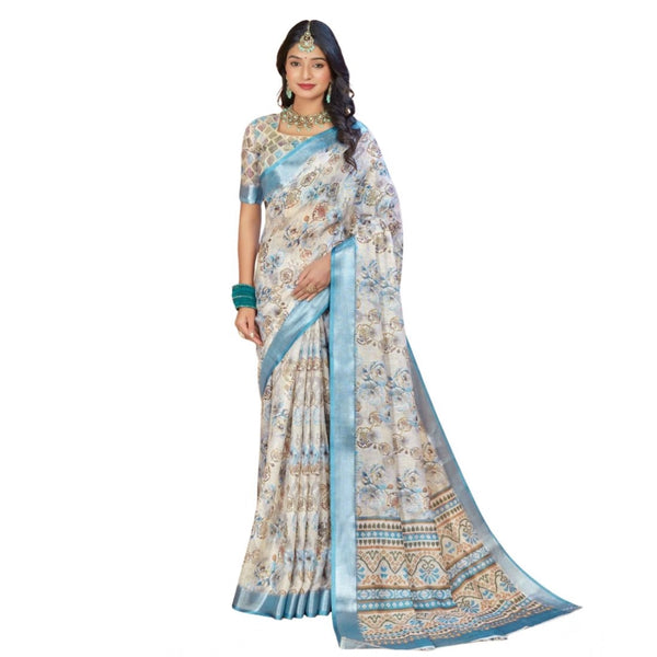 Beige Printed Cotton Linen Saree with Blouse (5-6 Metres)