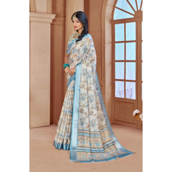 Beige Printed Cotton Linen Saree with Blouse (5-6 Metres)