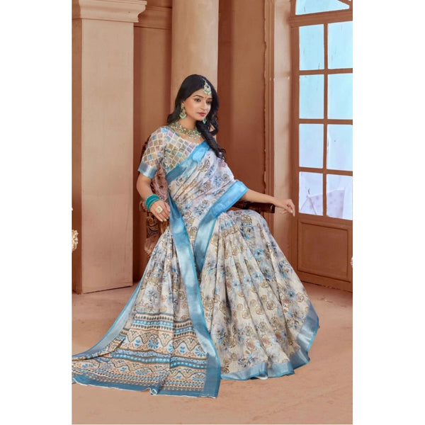 Beige Printed Cotton Linen Saree with Blouse (5-6 Metres)