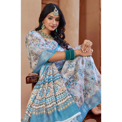 Beige Printed Cotton Linen Saree with Blouse (5-6 Metres)