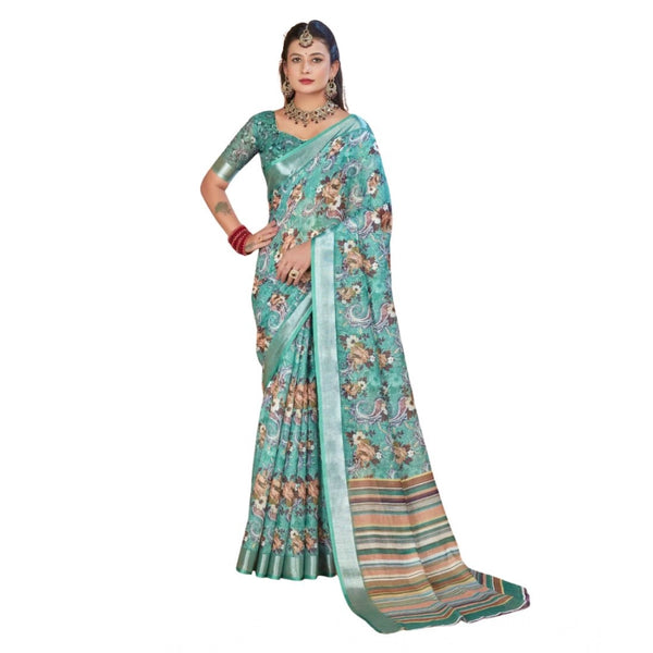 Mint Green Printed Cotton Linen Saree with Blouse (5-6 Metres)