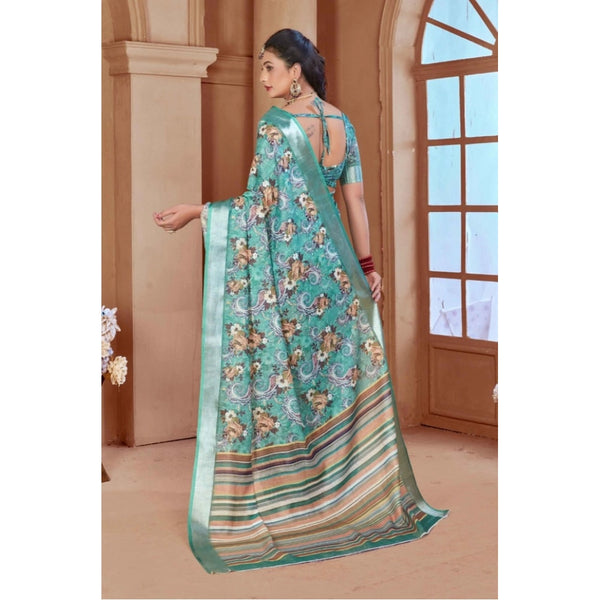 Mint Green Printed Cotton Linen Saree with Blouse (5-6 Metres)