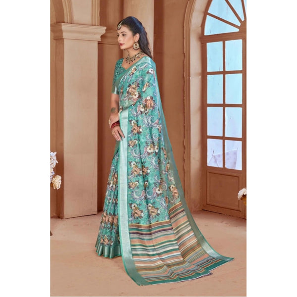 Mint Green Printed Cotton Linen Saree with Blouse (5-6 Metres)