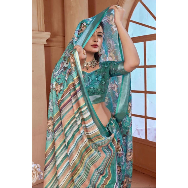 Mint Green Printed Cotton Linen Saree with Blouse (5-6 Metres)
