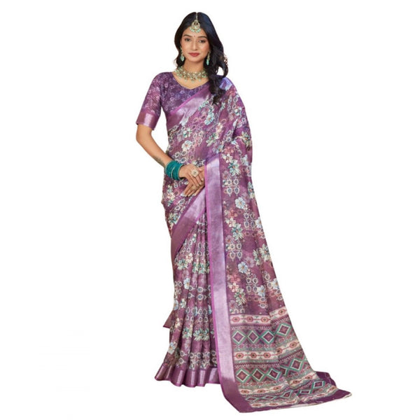 Purple Printed Cotton Linen Saree with Blouse (5-6 Metres)