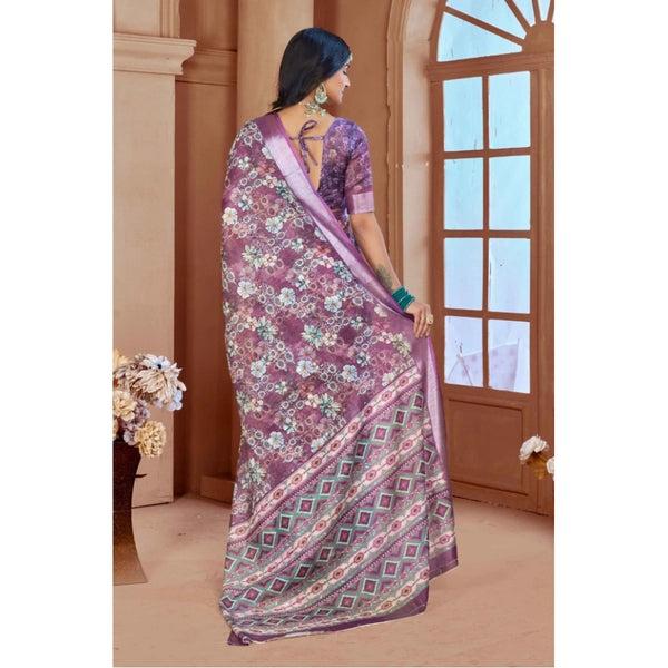 Purple Printed Cotton Linen Saree with Blouse (5-6 Metres)