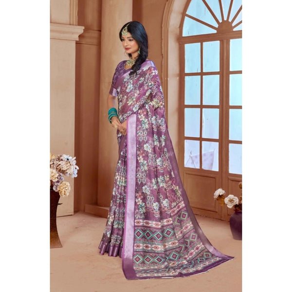 Purple Printed Cotton Linen Saree with Blouse (5-6 Metres)