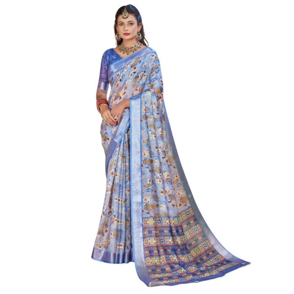 Blue Printed Cotton Linen Saree with Blouse (5-6 Metres)