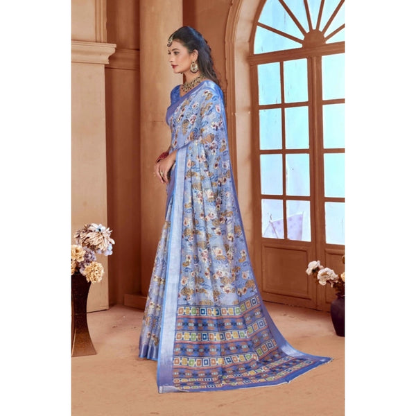 Blue Printed Cotton Linen Saree with Blouse (5-6 Metres)
