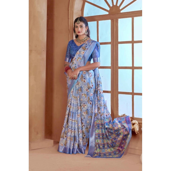 Blue Printed Cotton Linen Saree with Blouse (5-6 Metres)