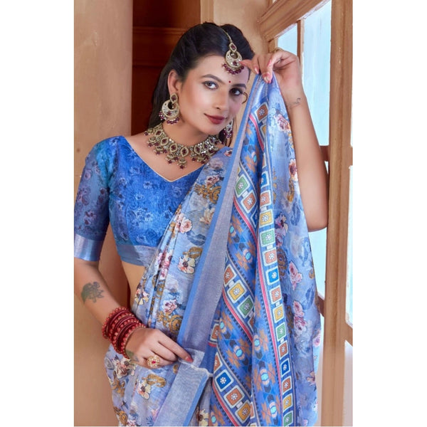 Blue Printed Cotton Linen Saree with Blouse (5-6 Metres)