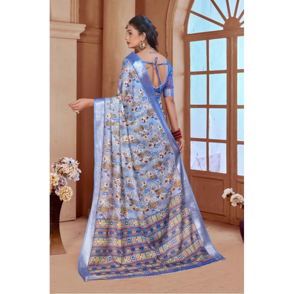 Blue Printed Cotton Linen Saree with Blouse (5-6 Metres)