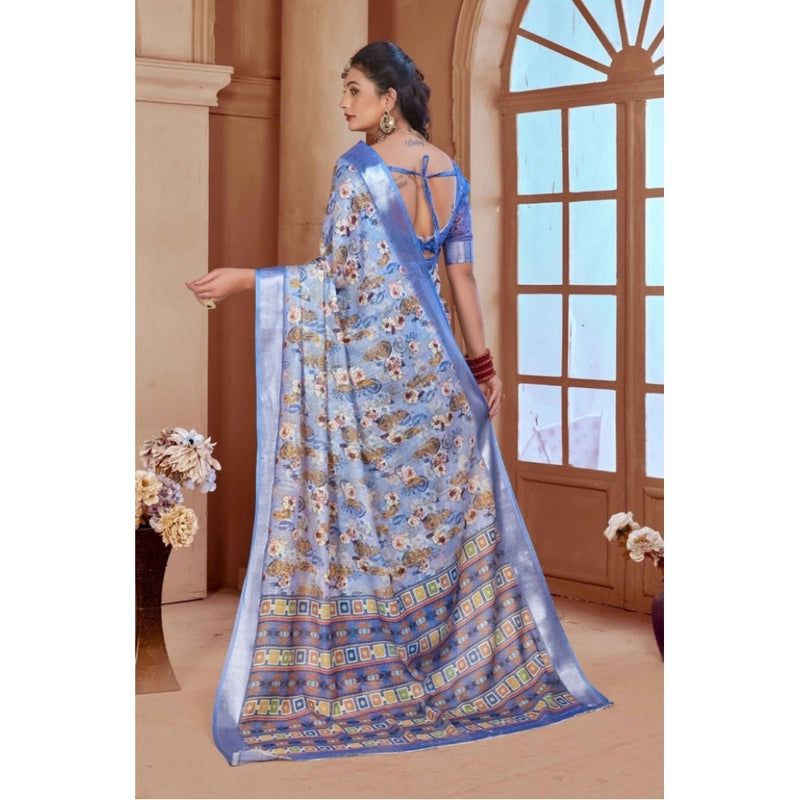 Blue Printed Cotton Linen Saree with Blouse (5-6 Metres)